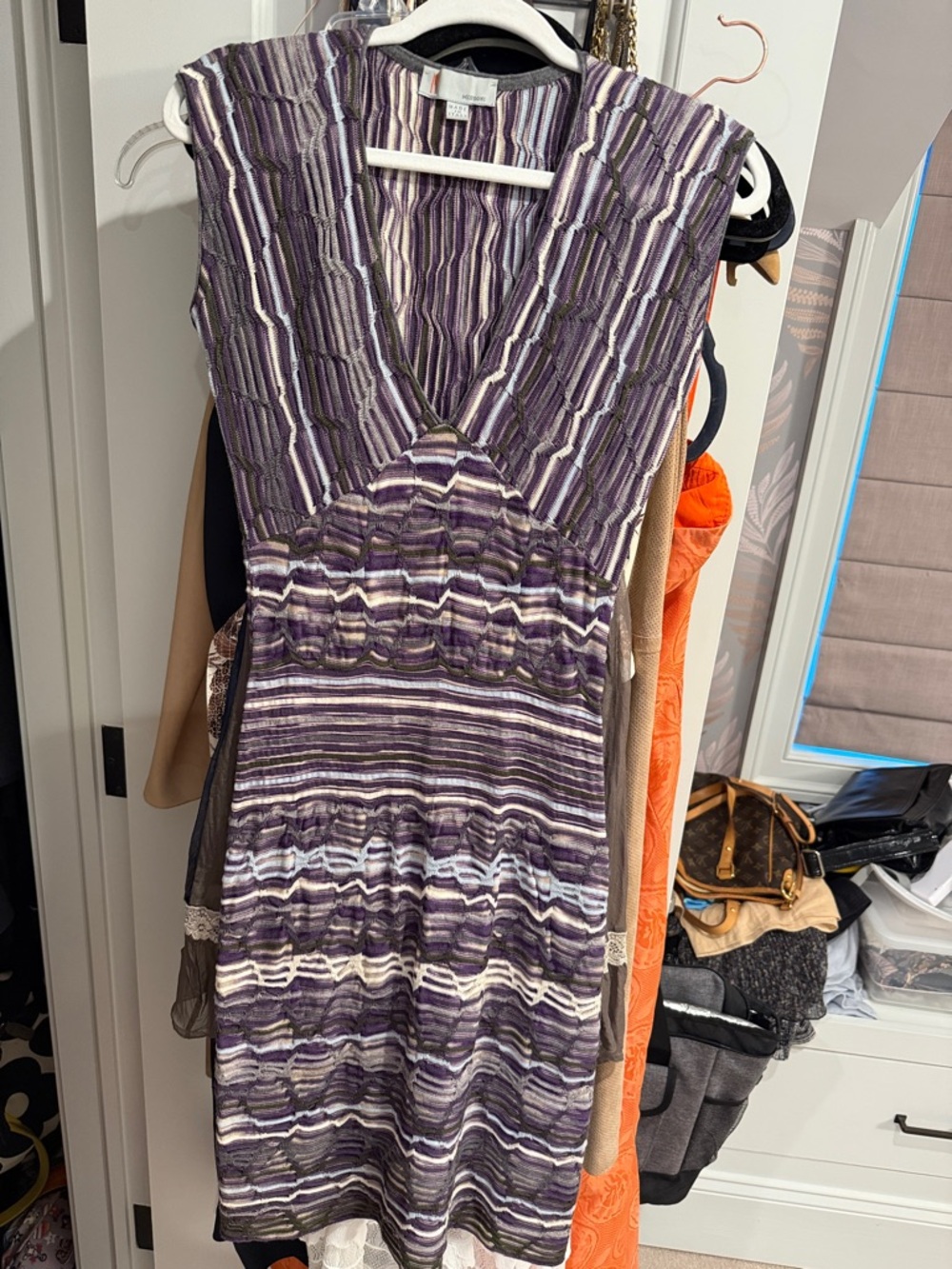 M by Missoni Purple Striped V-Neck Knit Midi Dress